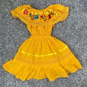 Mustard yellow off the shoulder embroidered dress